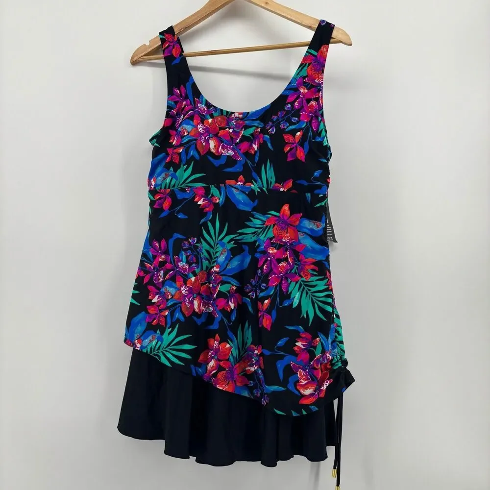 Shore Shapes Swimdress Women 16 Black Floral New Asymmetrical Side Cinch sides